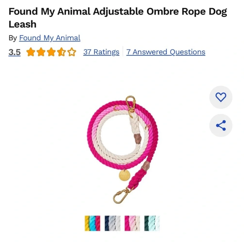 NWT Found My Animal Adjustable Ombre Rope Dog Leash in Magenta Size Medium
